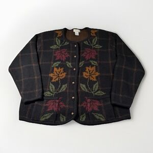 Vintage KB Collections Fall Leaves Button Up‎ Sweater Women's Large Brown